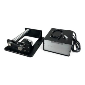 Motorized linear motion stage with belt drive and control box (assembly shown with silver drive rod and black base).
