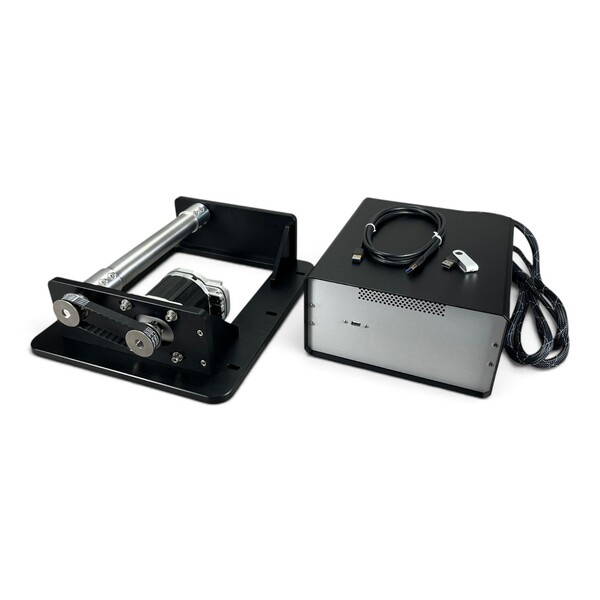 Motorized linear motion stage with belt drive and control box (assembly shown with silver drive rod and black base).