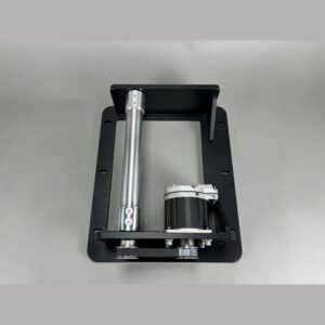 Motorized linear motion stage on a black base with a vertical actuator rod and gear-driven carriage for precise movement.
